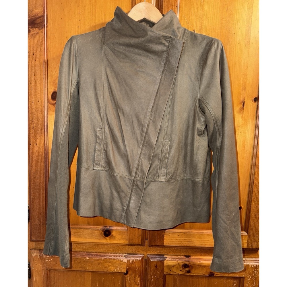 Vince Leather Jacket Biker Asymmetrical Moto Scuba Brown Olive Zip Women's L